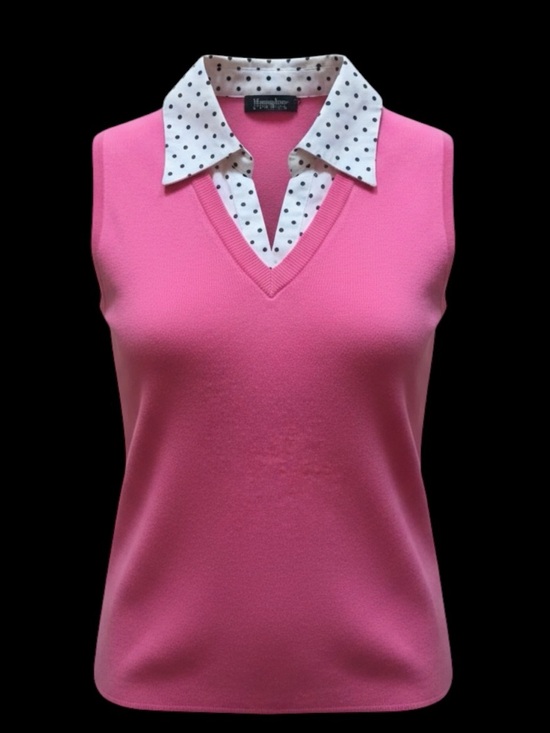 Tops - Sleeveless bright pink knit top with white and black polka dot collar. Sz. PP